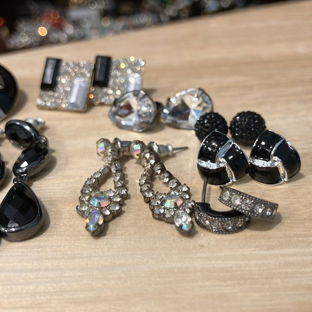 Black and Silver Earrings Bundle of 10 Pairs sparkly rhinestones - Picture 6 of 12